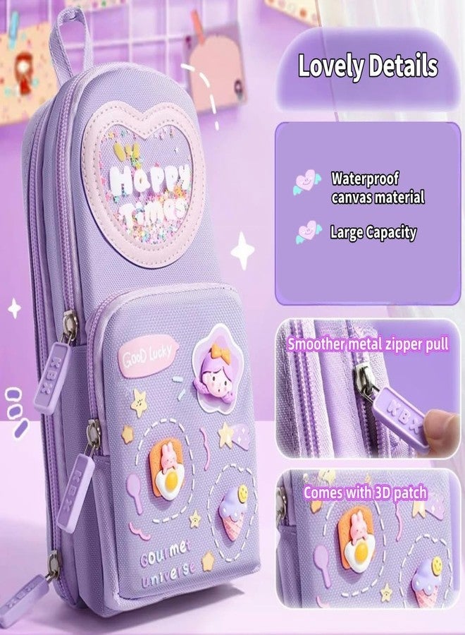 SRUSTEPY Kawaii Style Pencil Case, Three Layer Design, Purple Backpack Shape with Happy Time Pattern, Large Capacity Storage - Image 5